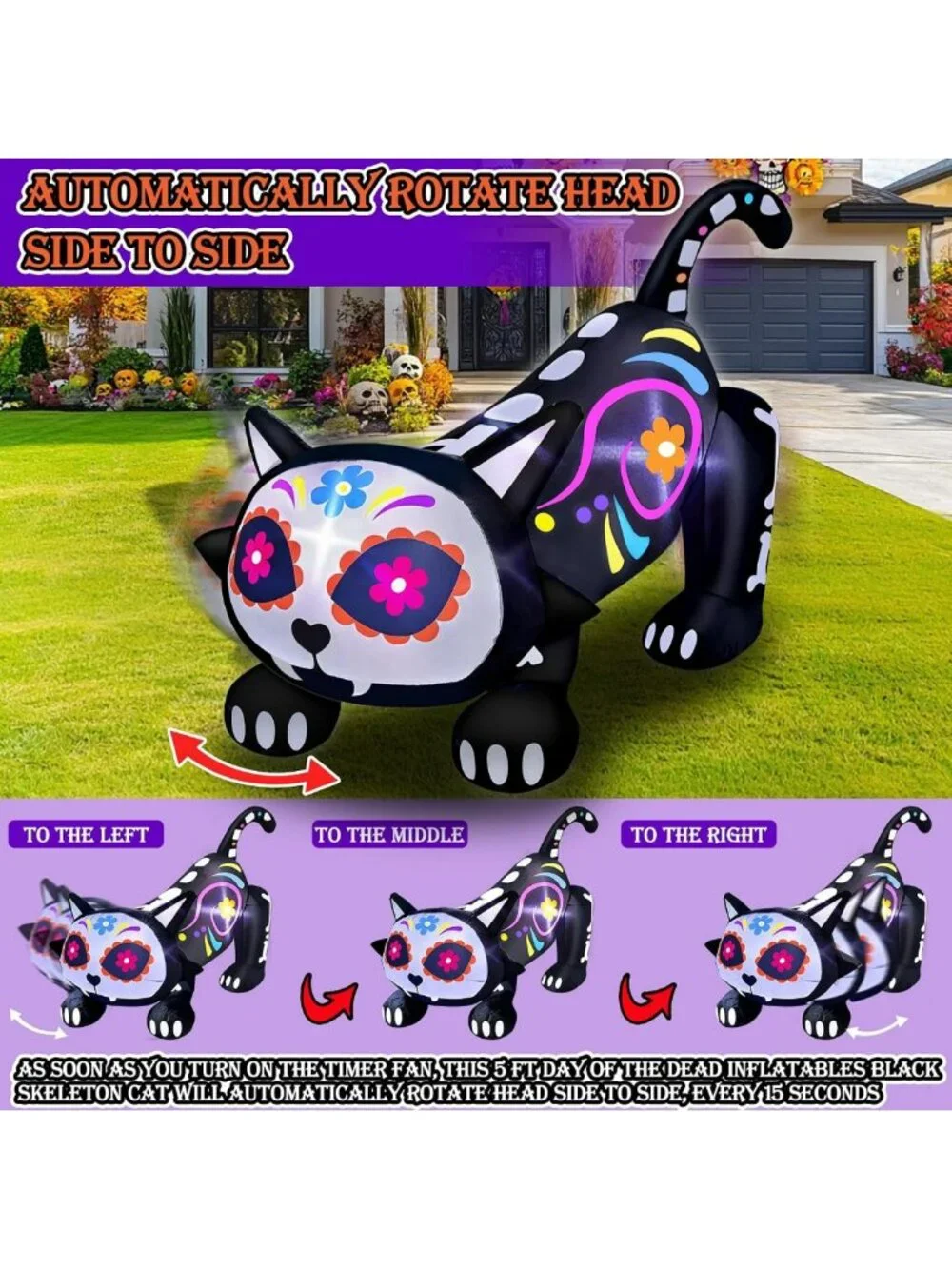 5 Ft Day of the Dead Inflatable Sugar Skull & Black Cat - Rotating Head Decor